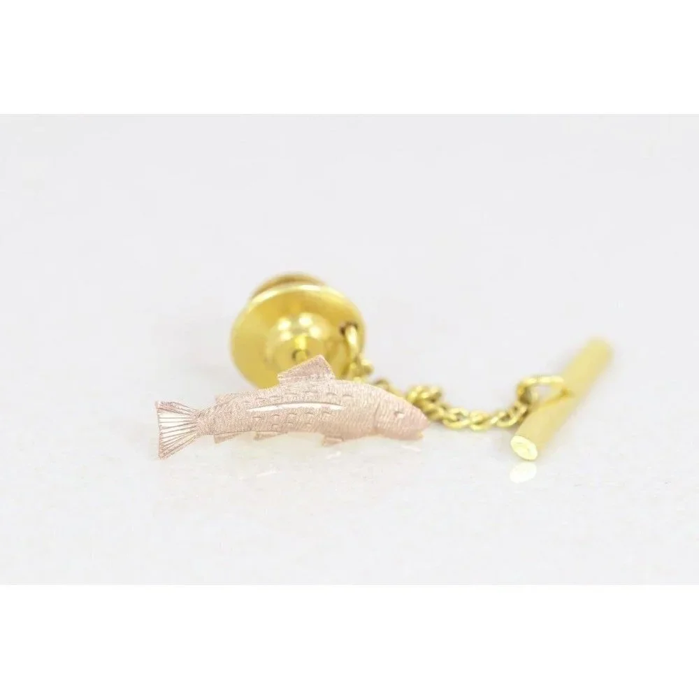 Mens 10k Rose Gold Fish Tie Tack Pin Lapel Pin Rainbow Trout Bass Salmon - Picture 3 of 7